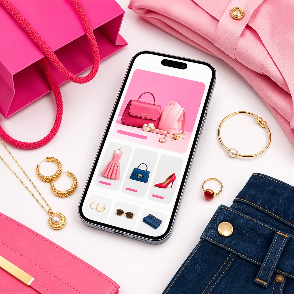 Vista promocional de la app Modas Nancy con moda y accesorios